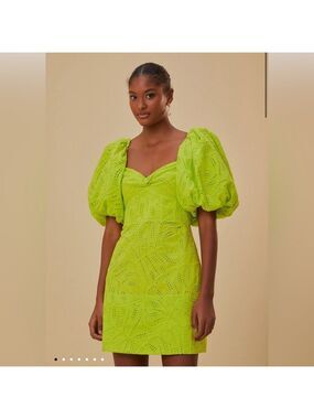Farm Rio Green Monstera Eyelet Short Sleeve Mini Dress